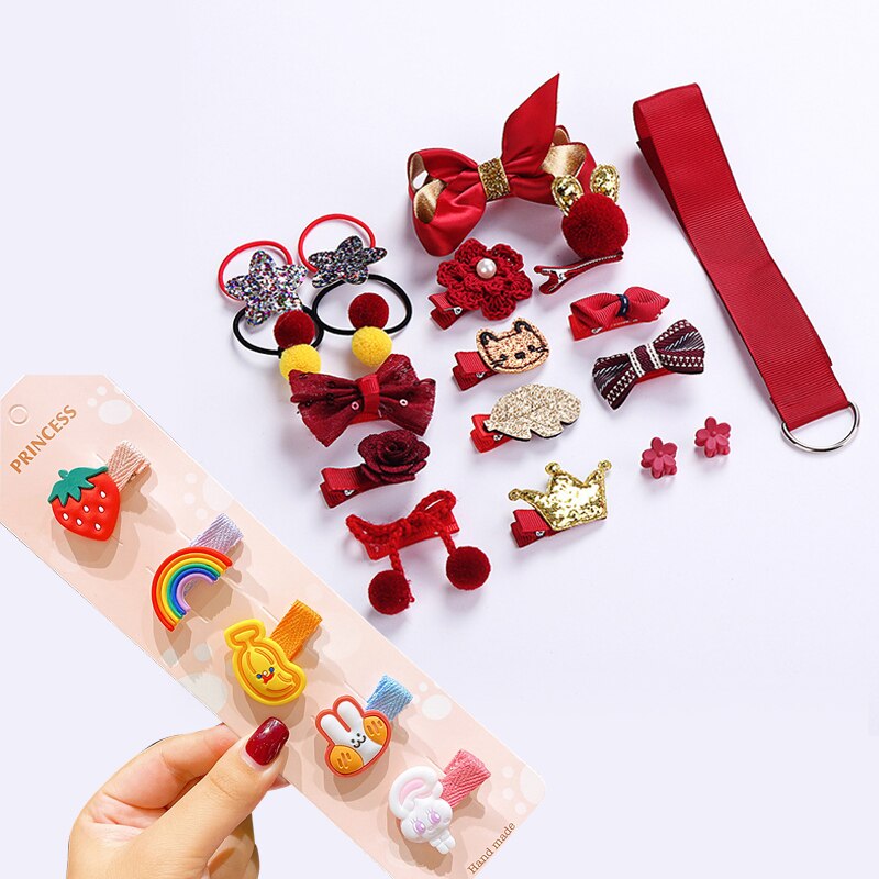 23 Piece Girls Cute Cartoon Hair Clip Set Cute Hair Accessories Girl headwear Bow Flower Hairpins Hairband Elastic Headdress Gif: a