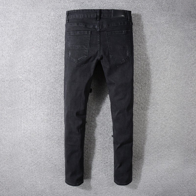 High street herr jeans svart stor storlek hål hip hop jeans herr trasiga punk byxor patch skinny ripped jeans för män