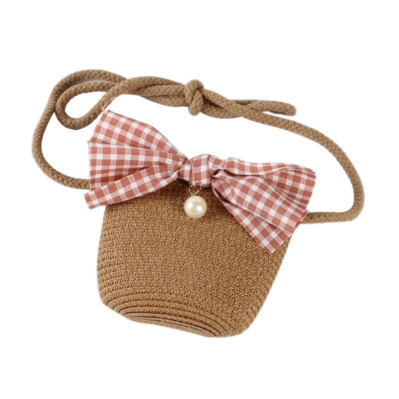 Ragazze dei capretti di Paglia Dovrebbe Sacchetto di Crossbody Borsa con bel Fiocco Fatto A Mano Puro di Tessitura di Spalla Sacchetto Della Spiaggia di proprietà Della Perla Della Chiusura Lampo Della Borsa: marrone