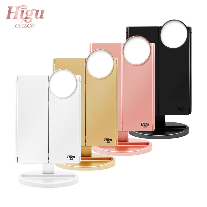 Higu Tri-folded Table Makeup Mirror LED Light Touch Screen Fold Mirrors 180 Degree Adjustable Table Cosmetic Tool