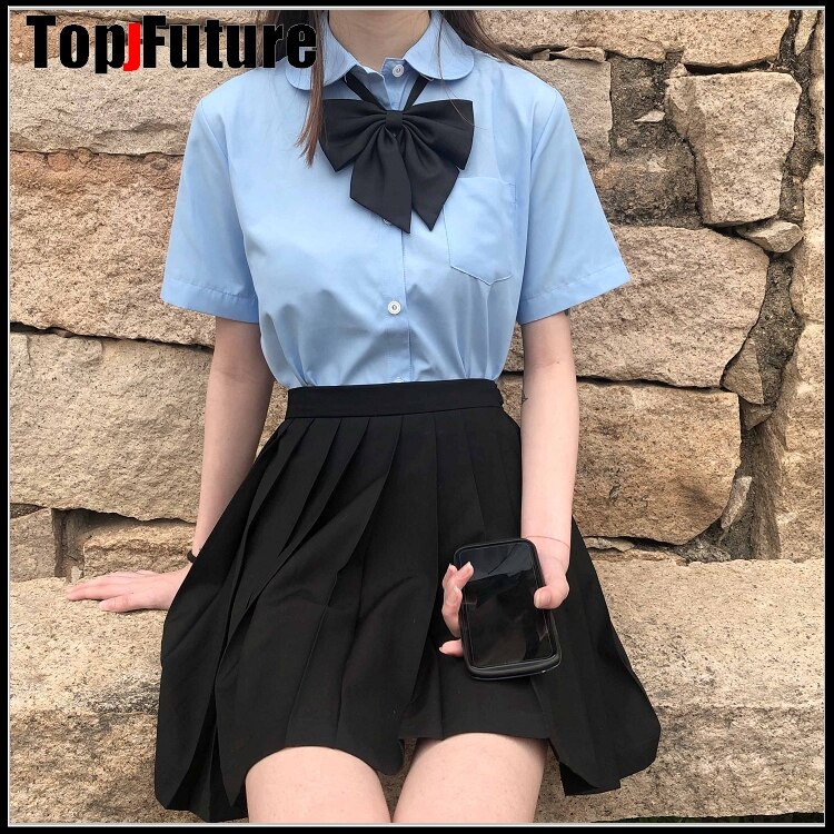 JK uniformen weibliche studenten sommer arbeit kleidung Scharf kragen runde hals arbeit kleidung BLUSE Shirt BLAU lange kurzarm Shirt