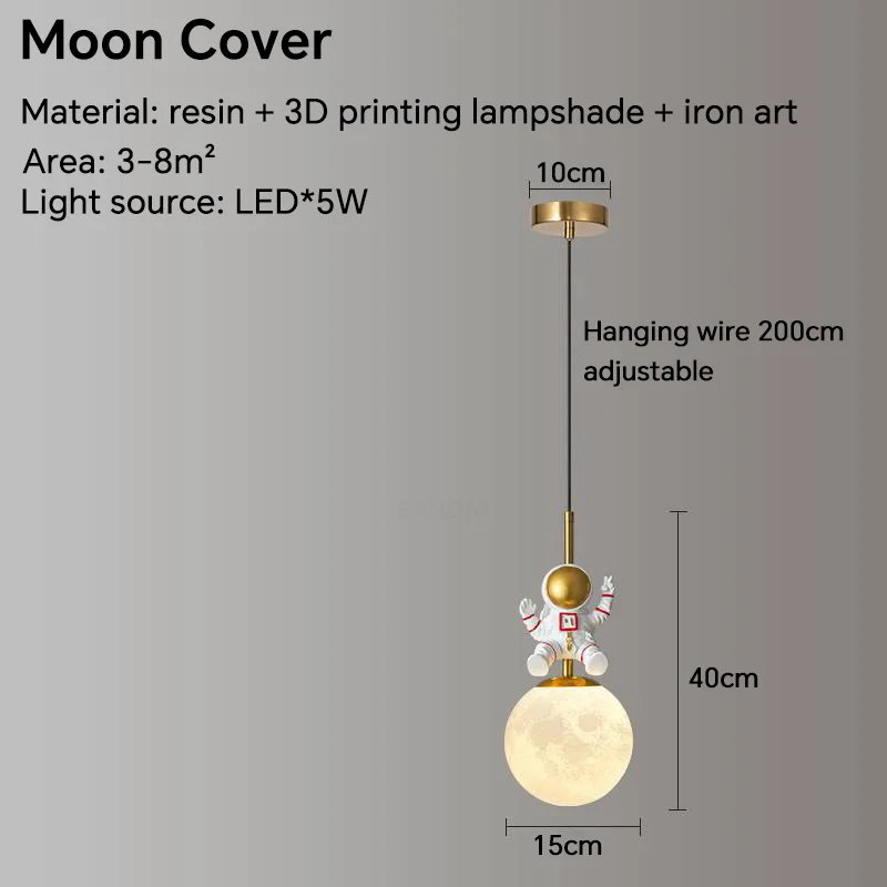 Lámpara colgante para la cama de la habitación de los niños, luz minimalista moderna, lámpara de lujo para dormitorio de niño, lámpara de Luna, candelabro pequeño de astronauta: Color blanco cálido / Negro
