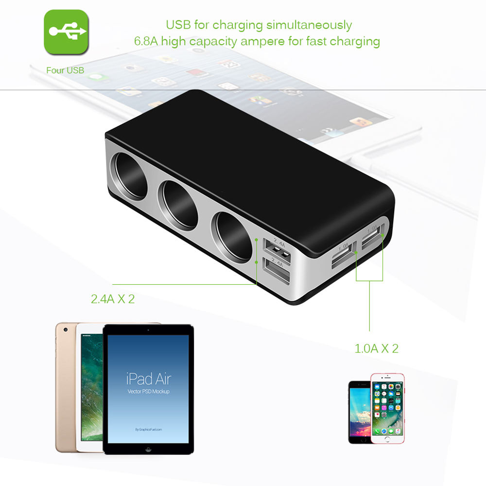 4 Usb-poort Auto-oplader 6.8A Usb Charger Voltmeter Met 3 Way Sigarettenaansteker Splitter 120W Power adapter Oplader