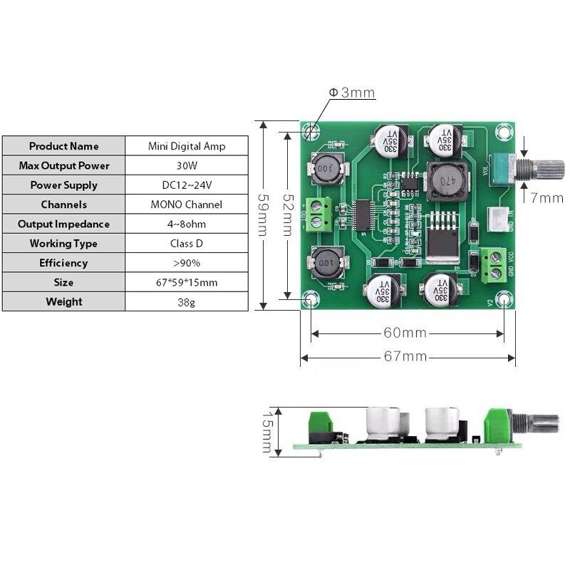 30W Mini Amplificatore Digitale Consiglio Mono Classe D Singolo Canale Amp XL6019E1 Automatico Aumentando a 24V