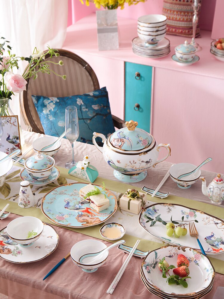 Oosterse Bone China Servies Set Soeppan Combinatie High End Keramische 8Inch Plaat 12Inch Vis Plaat Kruiden Jar