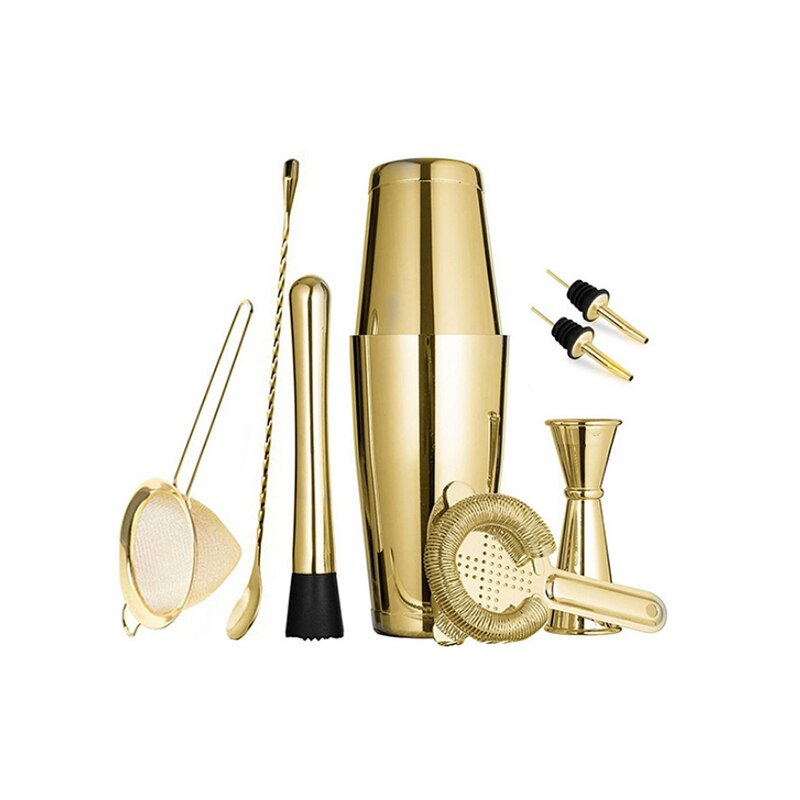 CocktailShaker 750ml Black Color 9 PCS Bar Set household party etc Color Shiny Stainless Steel Boston Cocktail Shaker Set: Gold