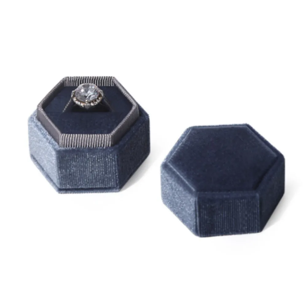 Caja octogonal de pana para anillos de boda, organizador de anillos de propuesta de compromiso, almacenamiento portátil, joyero Vintage,: Gris