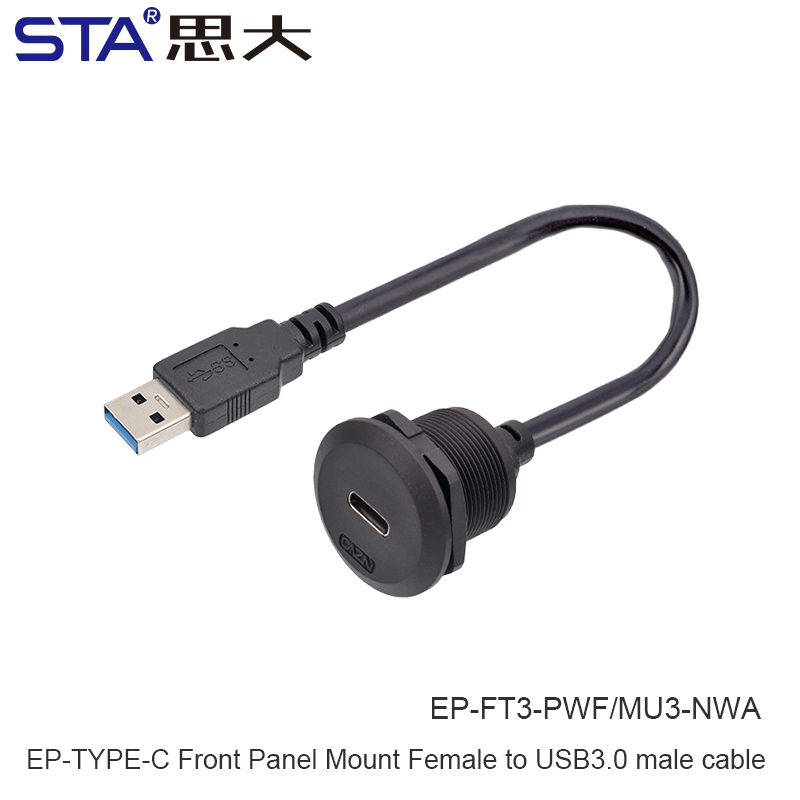EP-TYPE-C Panel Female Socket 30cm Length with Front Installation Male Straight Plug with Thread USB3.0 Circular Connector USB-A: Dark Grey