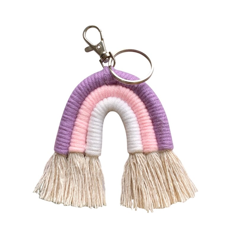 Macrame regnbue nøgleringe boho taske charms med kvaster håndvævet bomuldstilbehør til bilnøgle pung pung hængende dekoration: D