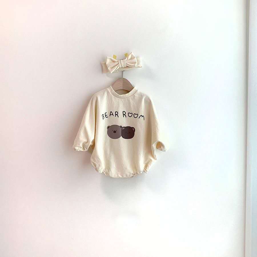 Herfst Baby Kleding Schattige Beer Patroon Baby Jongens Bodysuit Lange Mouwen Peuter Meisjes Jumpsuit Met Baby Hoofdband: apricot / 9m