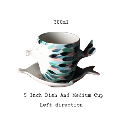 Handmade 3D Fish Shape Ceramic Cup And Saucer Coffee Cup Set Afternoon Black Tea Porcelain Teacup Couple Double Wall Mug: Left 300ml cup set