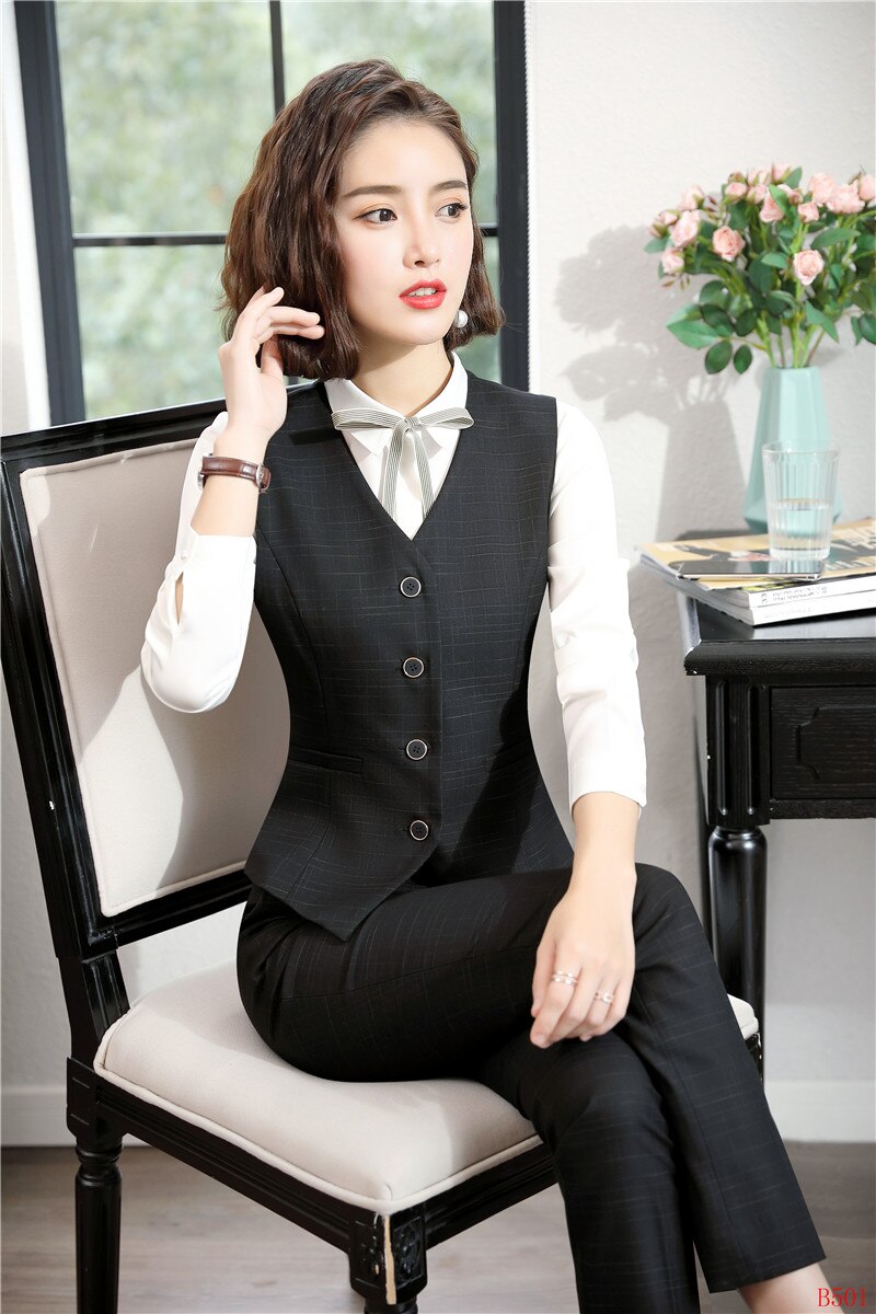 Formal Women Business Suits with Pant and Vest Set Work Wear Ladies Black Waistcoat Office Uniform Styles