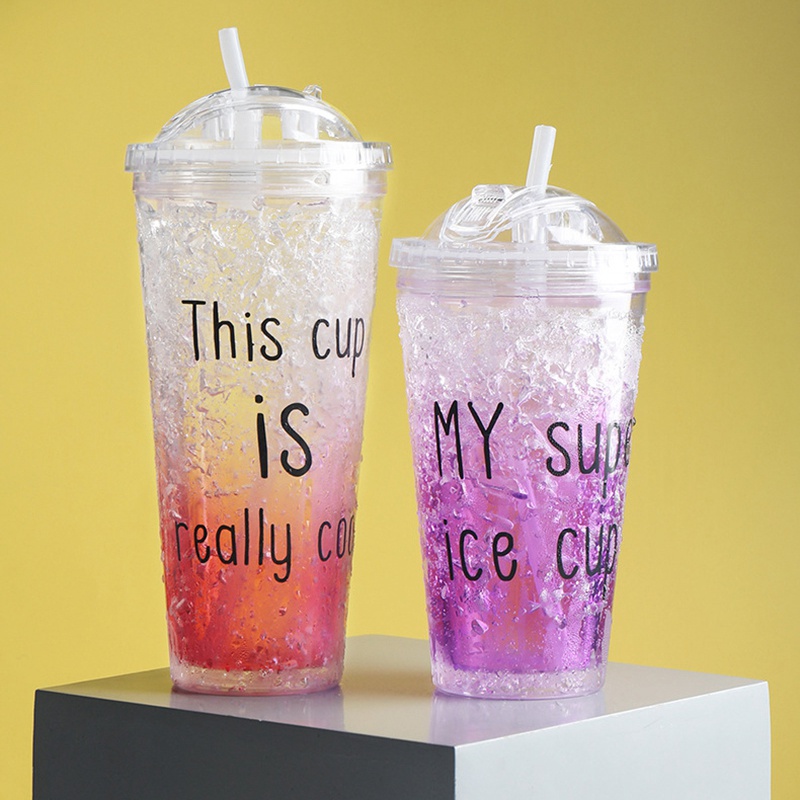 Newest Plastic Double-layer Juice Ice Cool Cup With Straw Cup Transparent Drinkware Cup 450ML