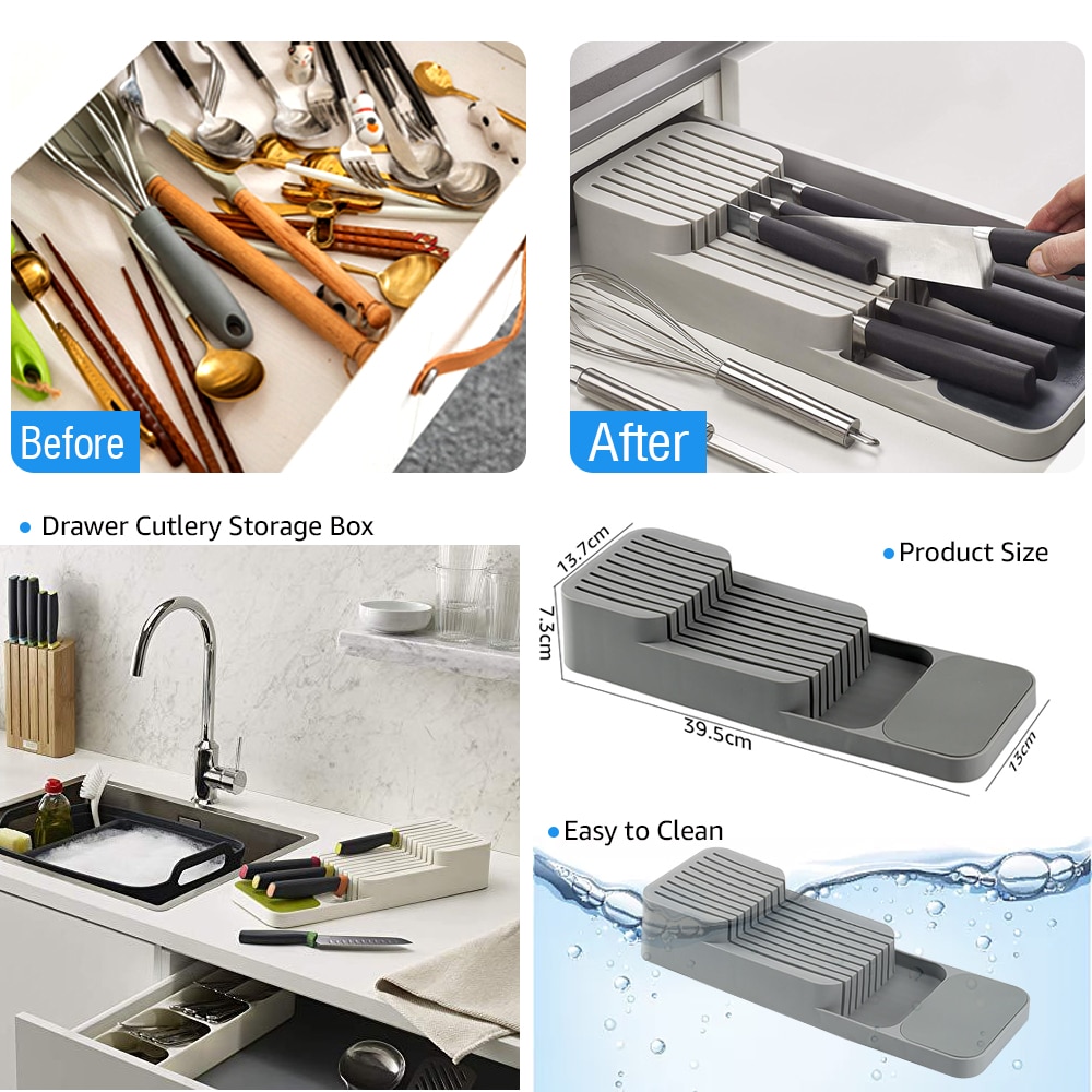 Knife Block Holder Cutlery Drawer Organizer Tray Knives Utensil Rack Universal Knife Stand Organizer Kitchen Storage