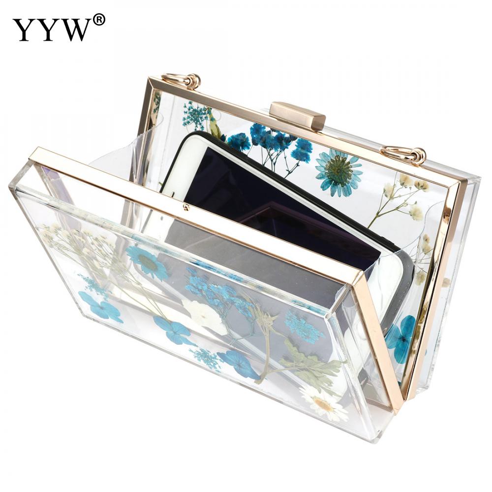 Acrylic Transparent Floral Evening Clutch Wedding Bridal Cute Wallet Women Tote Pack Clear Hard Box Metal Chain Shoulder Bags