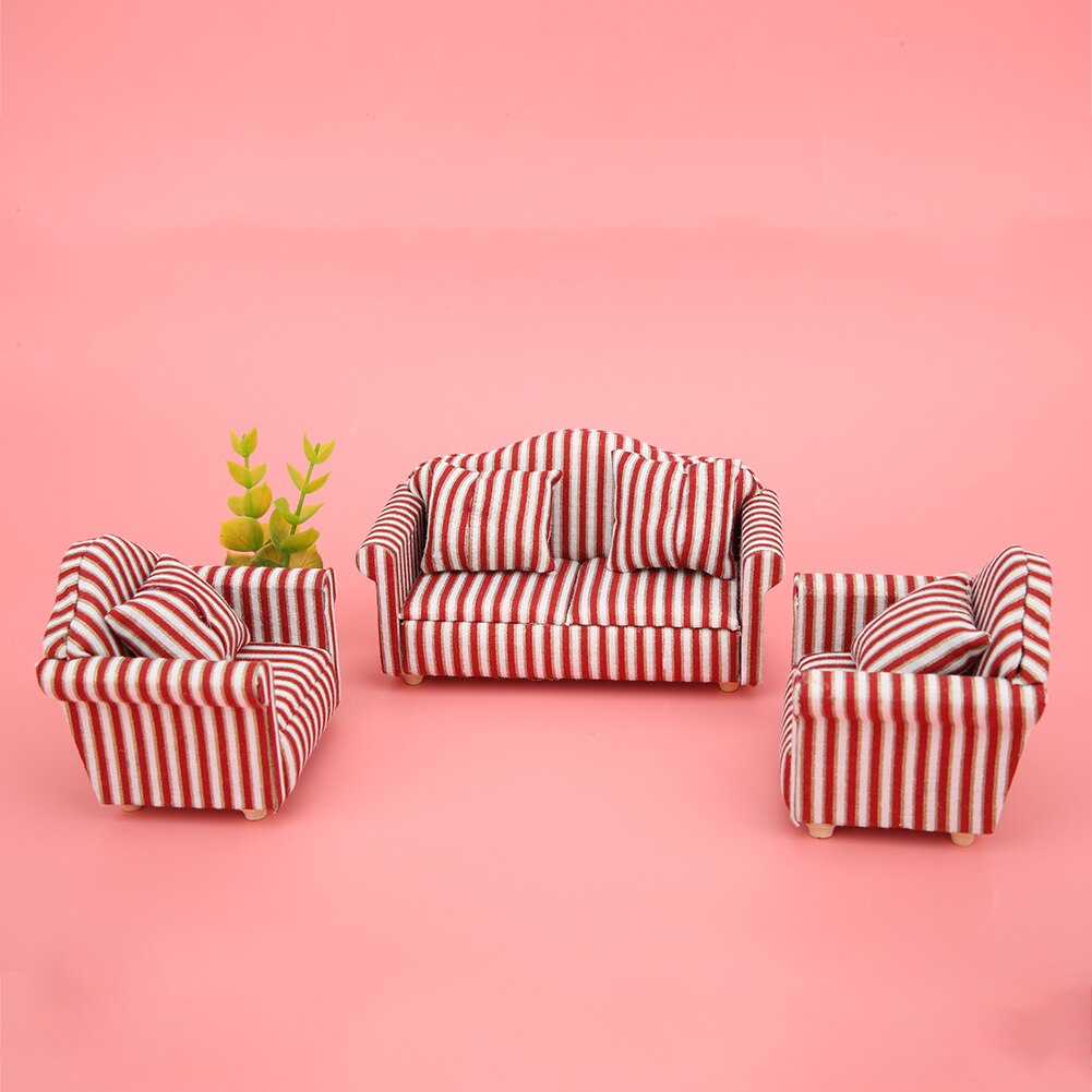 3pcs 1:12 Mini Doll House Cloth Sofa Cushion Set Dollhouse Furniture Dolls Room Decor Plaid Sofa Kids Children Play House Toy: Stripe A