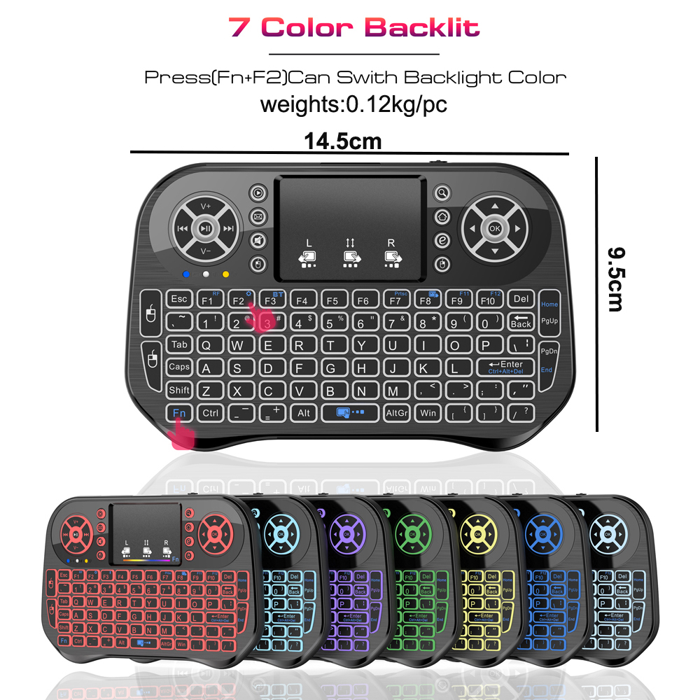 Trådløst bluetooth mini-tastatur 2.4g dobbelttilstand baggrundsbelyst engelsk russisk fransk spansk portugal til android tv-boks pc-projektor