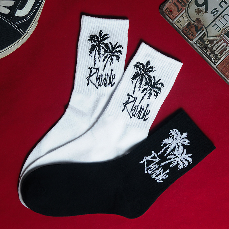 Men Socks Novelty Male Rhode Coconut Trees White Black Sports Stockings Letter Cotton Socks Ordinary Cool Sheer Socks