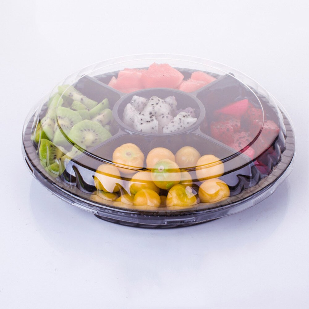 10PCS Disposable 5 Compartment Food Storage Containers Round Salad Fruits Box with Lids