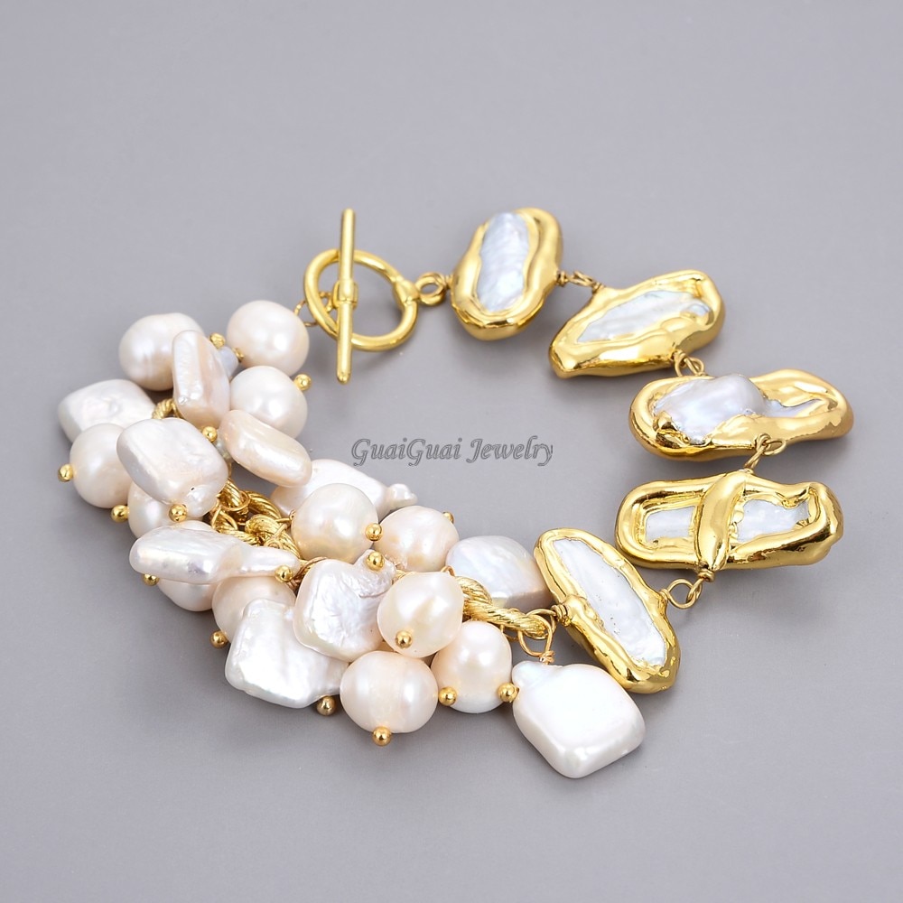 GG Jewelry 8'' Freshwater White Biwa Keshi Pearl Potato Pearl Chain Bracelet