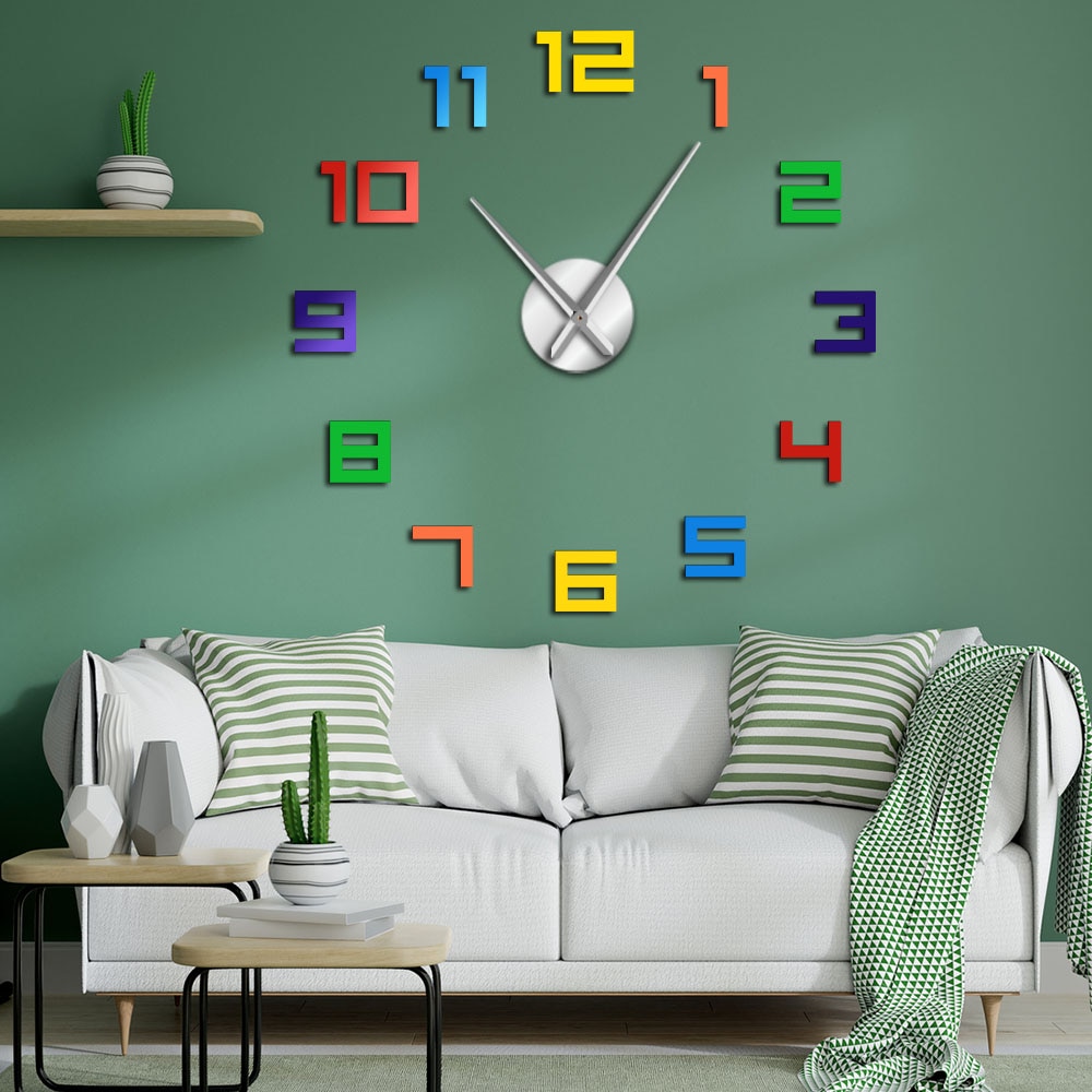 Numéros colorés sans cadre bricolage horloge murale couleurs arc-en-ciel montre géante multicolore acrylique bricolage grands numéros horloge de décoration intérieure