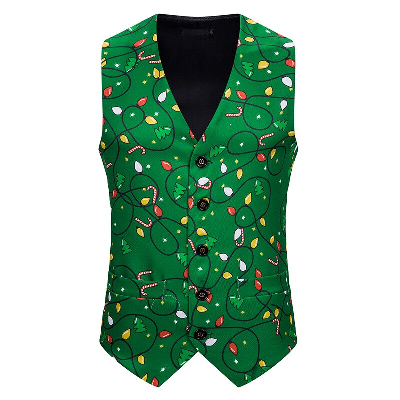 Groene Kerst Vest Mannen 3D Candy Cane Print Vest Mens Xmas Feliz navidad Party Tuxedo Vesten Chaleco hombre