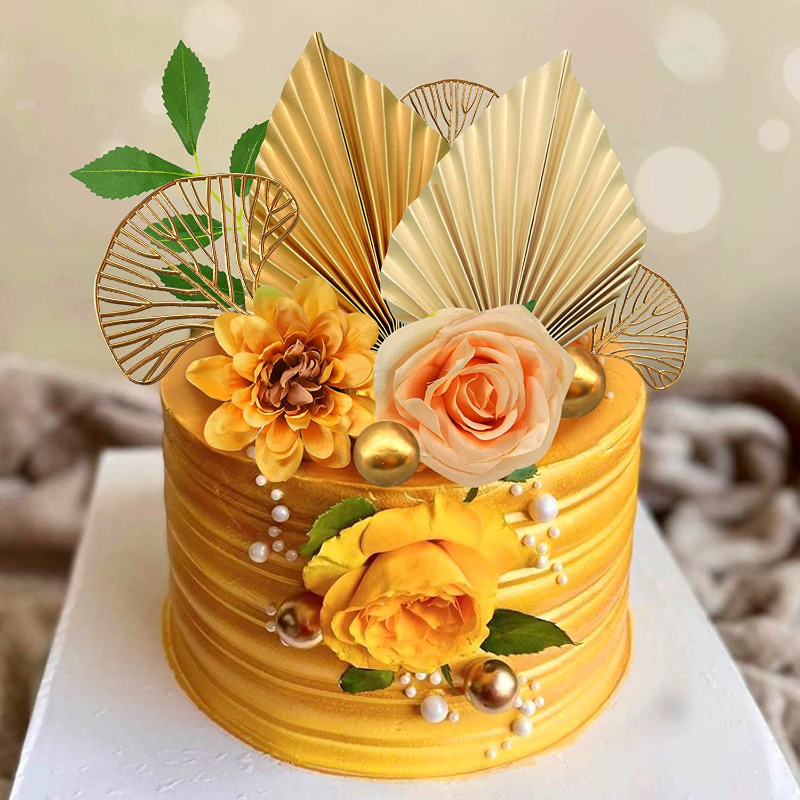 Décoration de gâteau en papier imbibé de cuir chevelu de palmier doré, boule de métal, fleur, ventilateur, joyeux anniversaire, fête préChristophe, décor de gâteau Chi, mariage