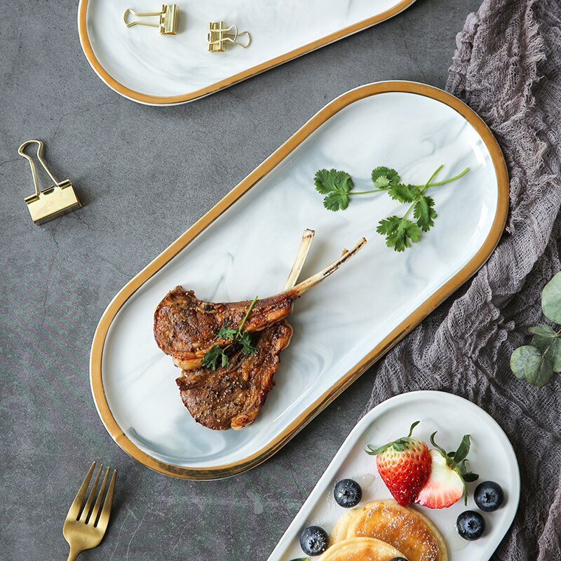 Nordic Style Ceramic Marble Texture Long Plate Home Big Fish Dish Pastry Fruit Oval Shape Saucer Plates Dinnerware Tableware