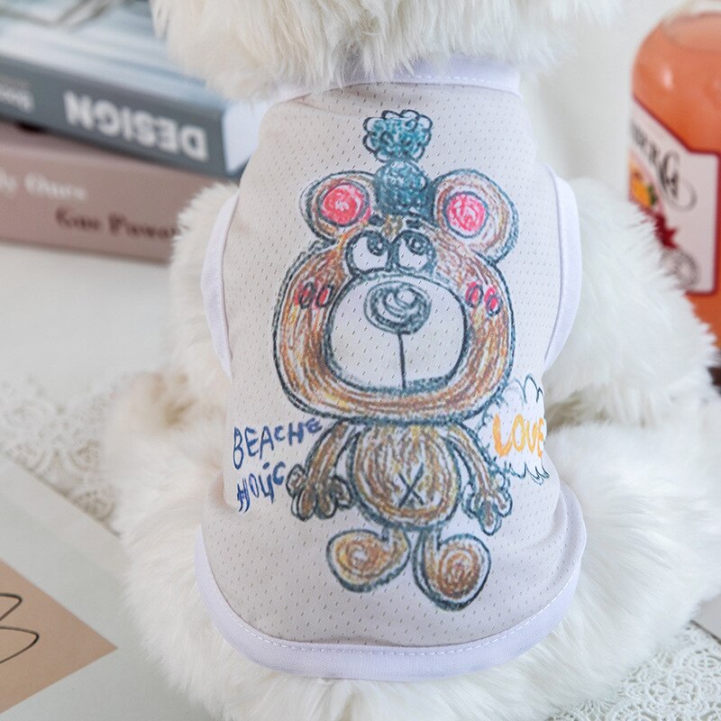 Ropa de verano de seda de hielo para mascotas, chaleco transpirable con estampado de dibujos animados de animales, para gatos, Yorkshire, cachorro