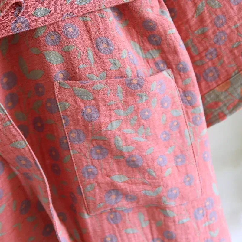 Flerfärgad kimono-badrock dampyjamaskläder för vår och sommar bomull lösa hemsovkläder kimono-rockar med bälte