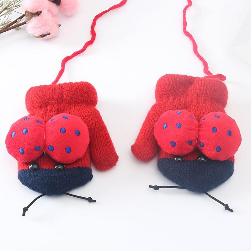 Wecute Forma Dos Desenhos Animados Joaninha Bonito Bebê Infantil Luvas de Inverno Crianças Luvas De Malha Saco Refere-se Ao Pescoço Pendurado Luvas Duplas para 3-6Y: Vermelho