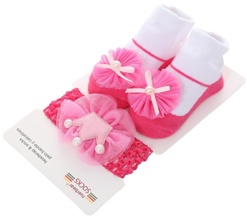 Belle bébé filles paillettes étoile gaze fleur décoré anti-dérapant coton cheville chaussettes avec élastique bandeau ensemble