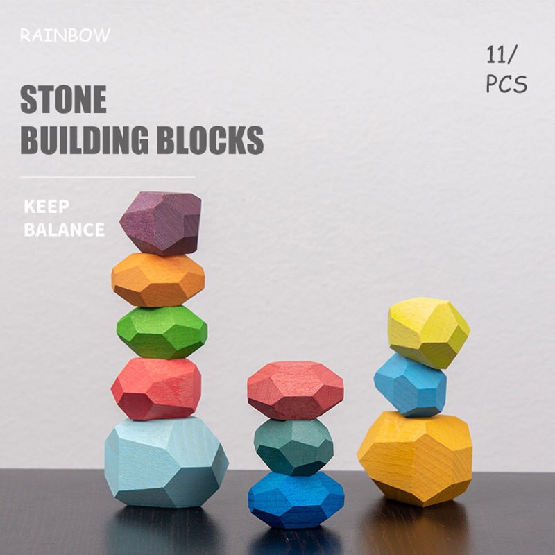 Di Legno colorato Pietre Giocattoli di Legno Blocchi di Costruzione Blocchi di Bilanciamento Impilabile Gioco Arcobaleno di Pietra Colorata Educativi Giocattoli Di Puzzle: 11pcs set opp