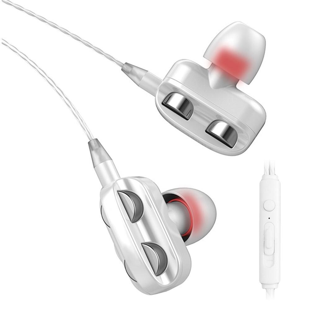 Sports earphones Dual Drivers 4 Units Heavy Bass HiFi Music Earpiece Universal 3.5mm In-ear Wired Earphones: White
