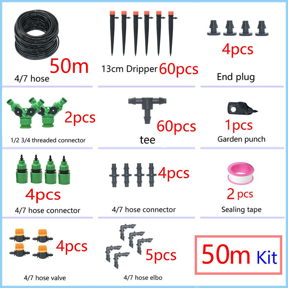 1/4" Hose Drip Irrigation System 360 Degree Adjustable 8 Hole Sprinkler Kit Garden Watering Inserting Ground Micro Flow Dripper: 50M