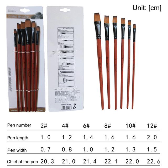 Kunst model maling nylon hår akryl olie akvarel tegning kunstforsyninger brun 6 stk maleri håndværk kunstner pensler sæt: Niveau peak