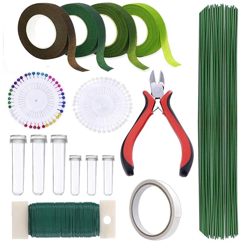 Flower Arrangement Tool Kit,Green Florist Ribbon, Floral Wire, Wire Cutter, Ball Head Pins For Bouquet Stem Wrap Florist: Default Title