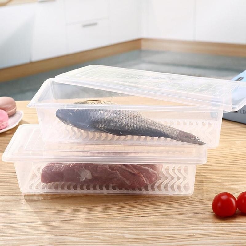Food Fresh Storage Box Kitchen Fridge Crisper Drain Storage Fruit Organizer Box Meat Food Fish Fresh Seal Container Rectang A9D6