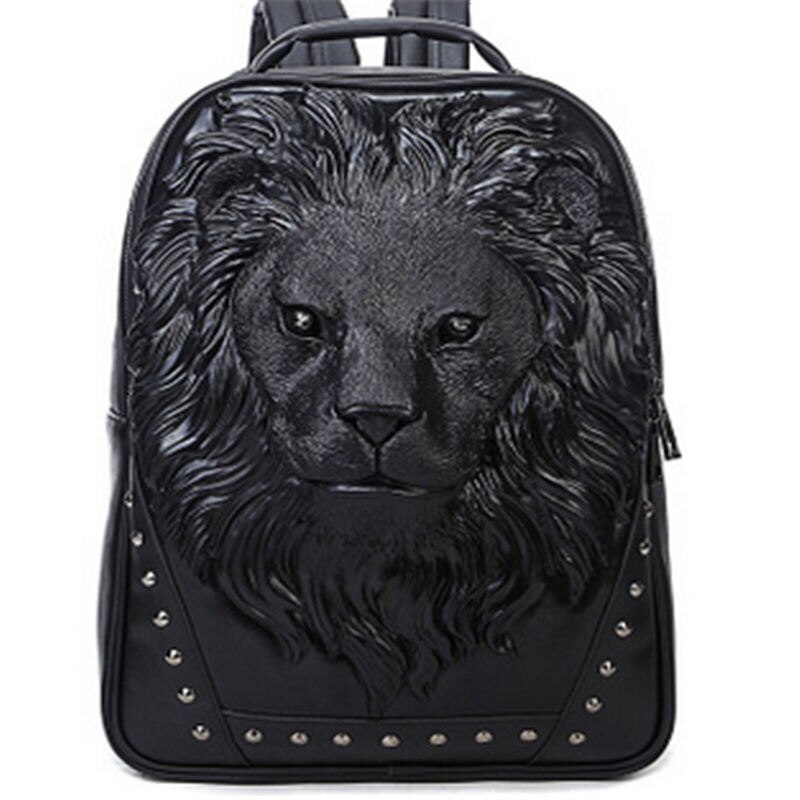 Halloween Party Tide Men Personality Animal Print Backpack Gothic Motorcycle 3D Lion Prints Backpack: Black