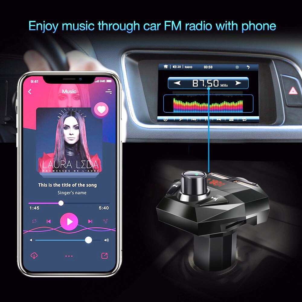 Kit de manos libres para coche, reproductor de MP3 LCD, transmisor FM con Bluetooth inalámbrico, carga USB, compatible con carga mientras escucha canciones,