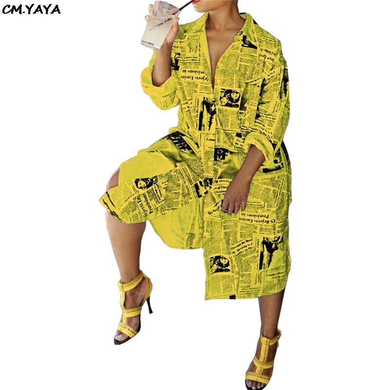 Vrouwen Zomer Brief Krant Print Button Up Lange Mouwen Mid Calf Lengte Dres Blouse Shirt Mode Jurken 2 Kleur LKE8017