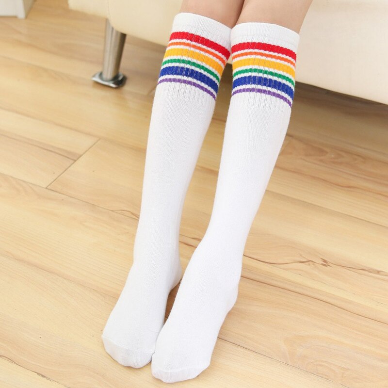 Mädchen Knie Hohe Socken für Kinder Kinder Schwarz Weiß Bunte Streifen Regenbogen Junge Mädchen Elastische Lange Schule Socken 6-15 jahre: White Rainbow