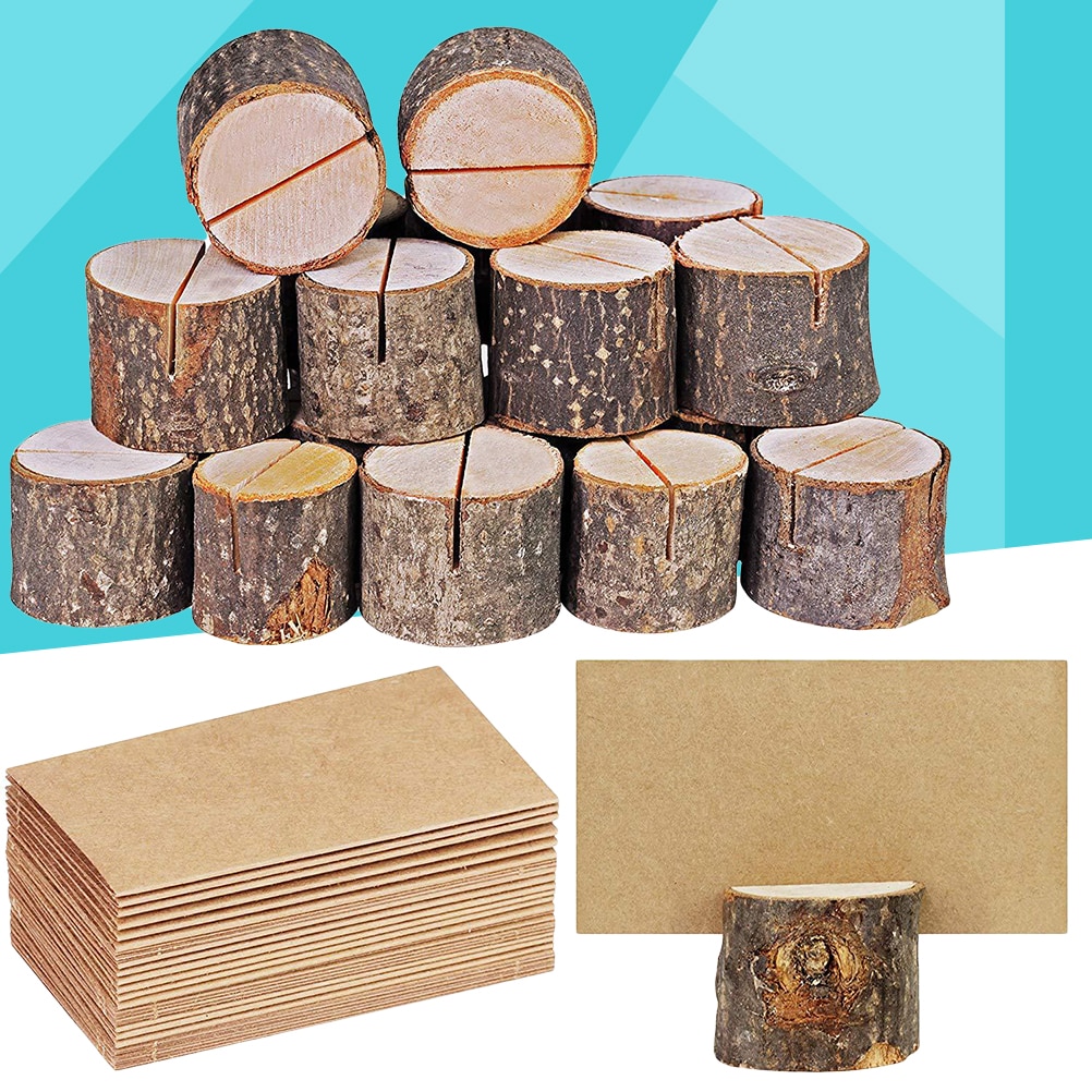 20sets Memo Stand Natural Wooden Bark Wood Pile Nontoxic Simple Photo Holders Decor Clamp Memo Stand With 20 Paper Cards