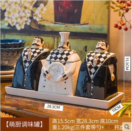 Funny European Ceramic Cartoon Chef Seasoning Jar Salt Sugar Bean Candy Cans MSG Jar with Lid Oil Bottle Kitchen Accessories: 3pcs Tray