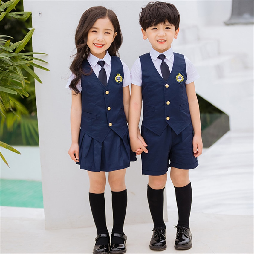 Children Navy Blue Cotton Japanese School Uniform for Girls Boys Pleated Student Korean Style Vest Shirts Pants Skirt Overalls