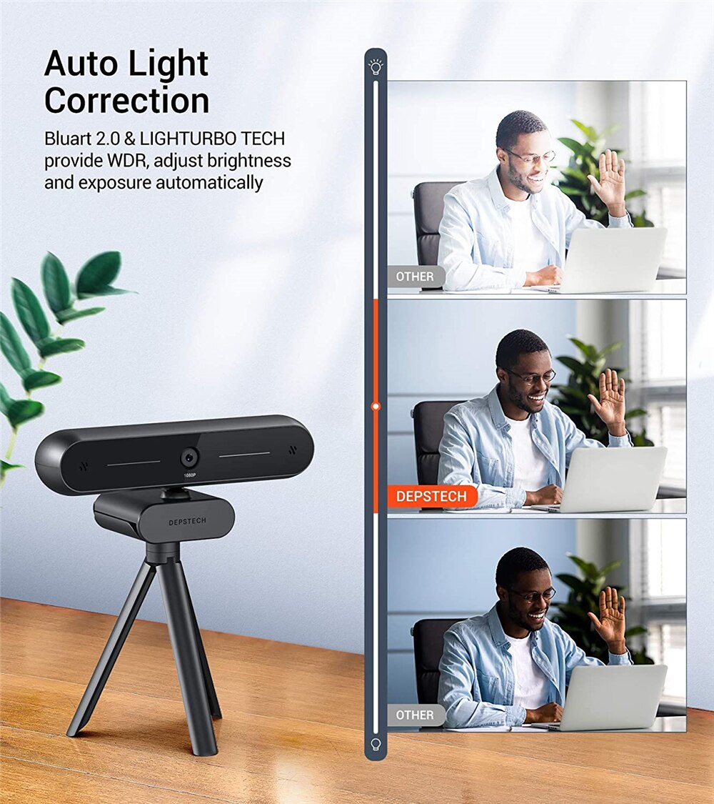 DEPSTECH 1080P 30fps Webcam with Dual Microphone Cover and Tripod Auto Light Correct USB Mini Web Camera for PC Desktop Laptop