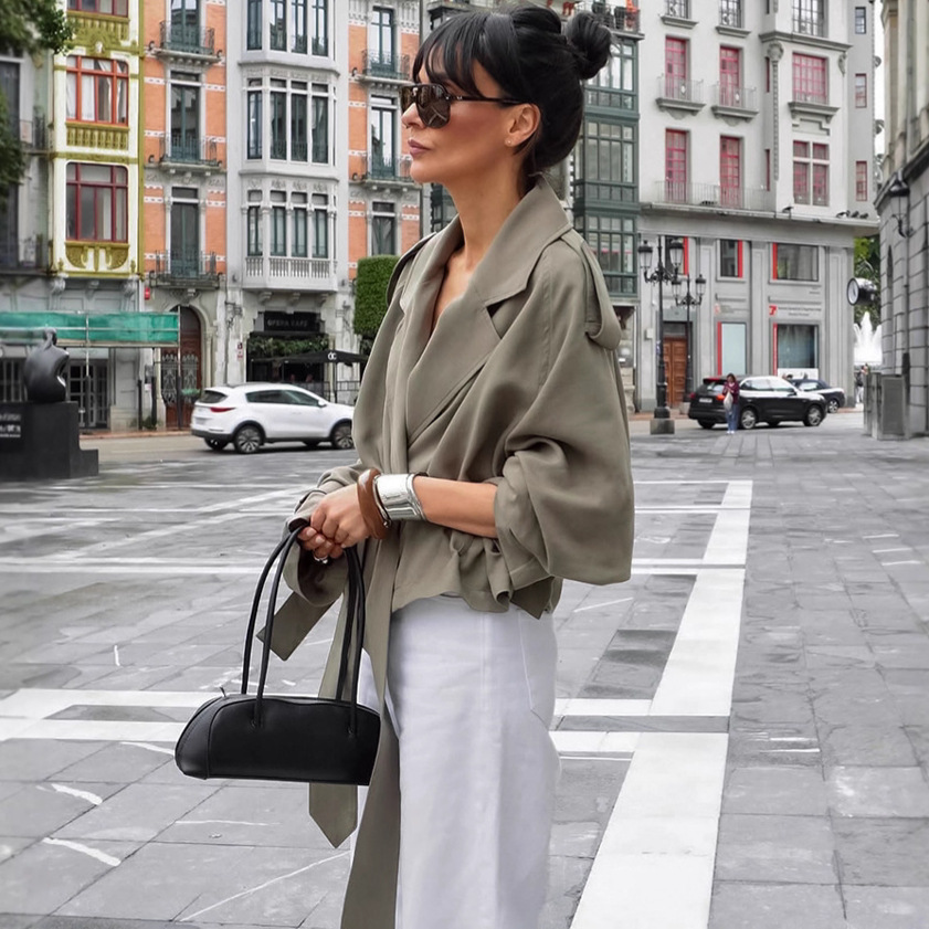 2025 Vrouwen Lace Up Riem Trenchcoat Chic Solid Revers Volledige Mouw Zak Korte Windjack Herfst Dame Straat Bovenkleding