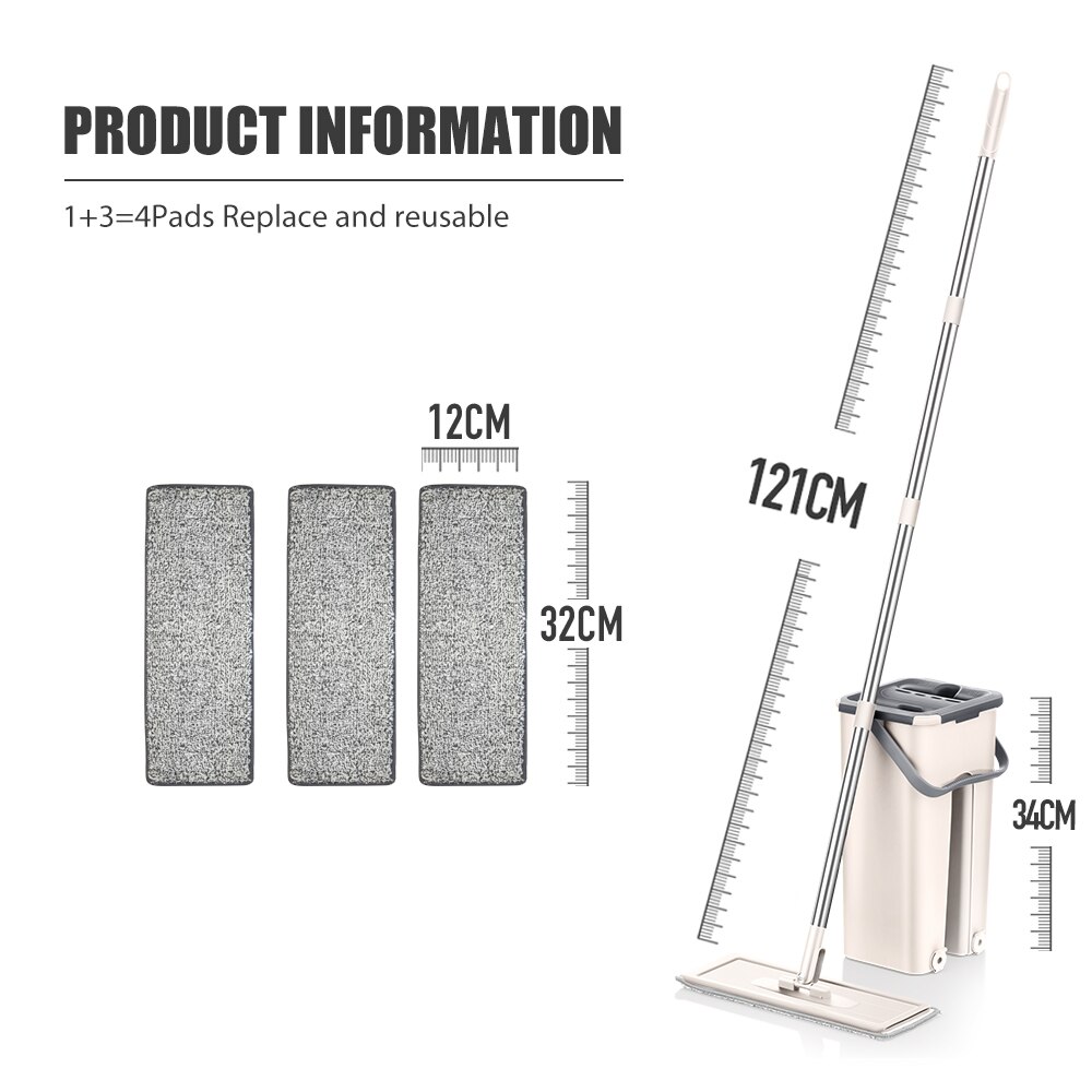 Flat Squeeze Mop and Bucket Hand Free Wringing Floor Cleaning Mop Microfiber Mop Pads Wet or Dry Usage on Hardwood Laminate Tile: DR-BHW124