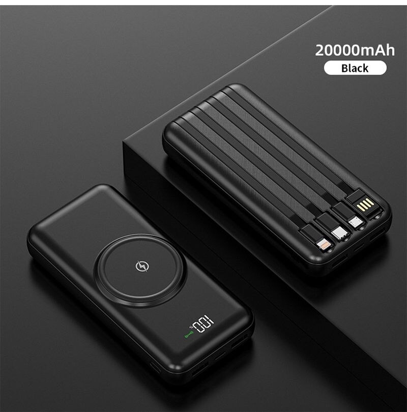 Pinzheng 20000Mah Draadloze Power Bank Ingebouwde 4 Kabels Powerbank Draagbare Externe Batterij Oplader Voor Iphone 12 Pro xiaomi 10: Black 20000mAh