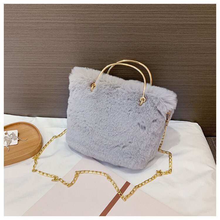 Meisje Mooie Zachte Pluche Schoudertas Faux Fur Winter Keten Crossbody Tas Draagbare Lady Casual Tote Party Handtas: Grijs